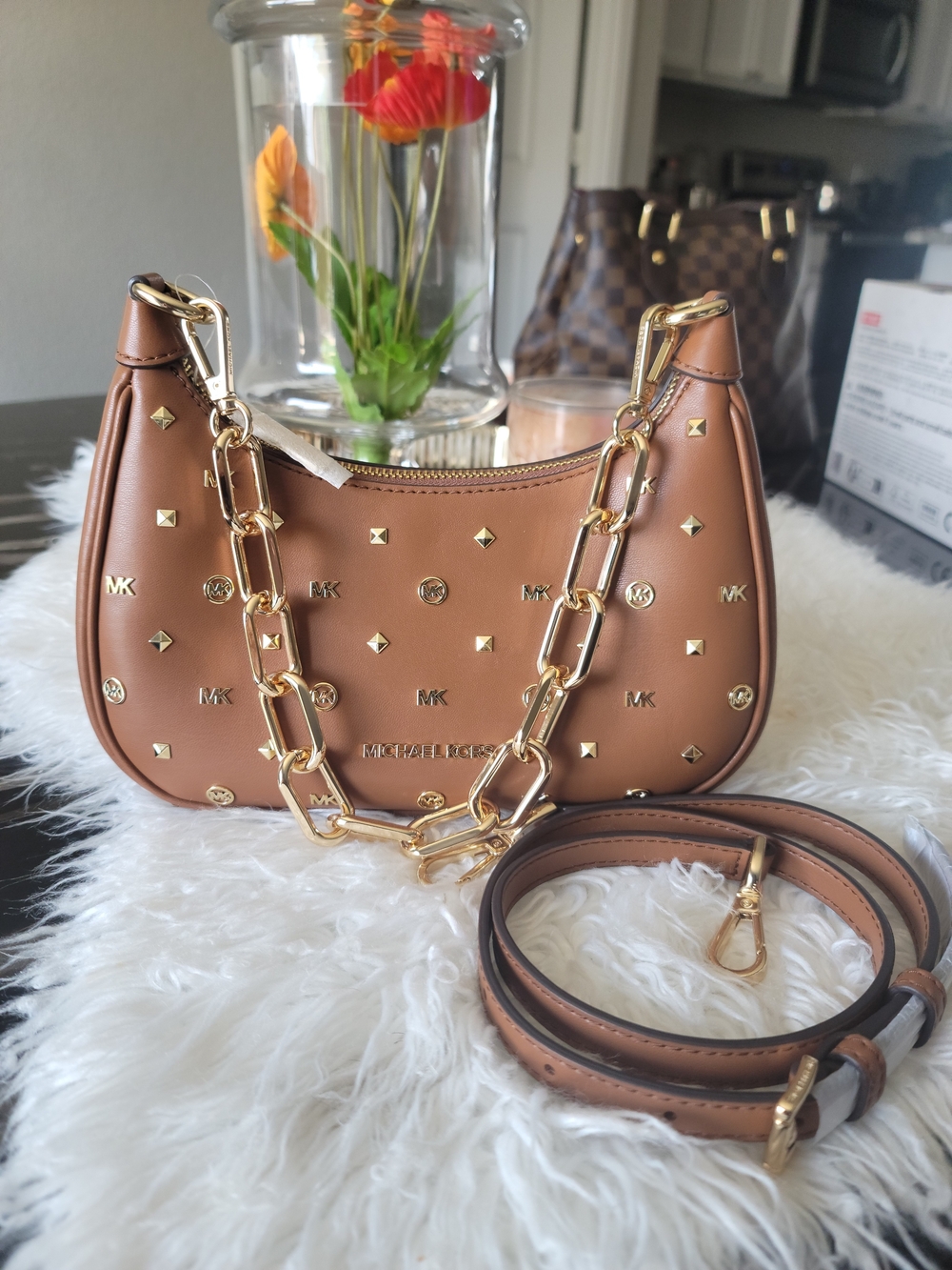 Michael Kors Pebble Leather Studded Shoulder Bag in Brown